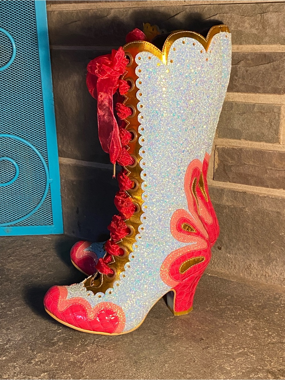 Irregular Choice sparkly Can-Can boots,hot pink patent,sky blue glitter,ribbon - Picture 2 of 16